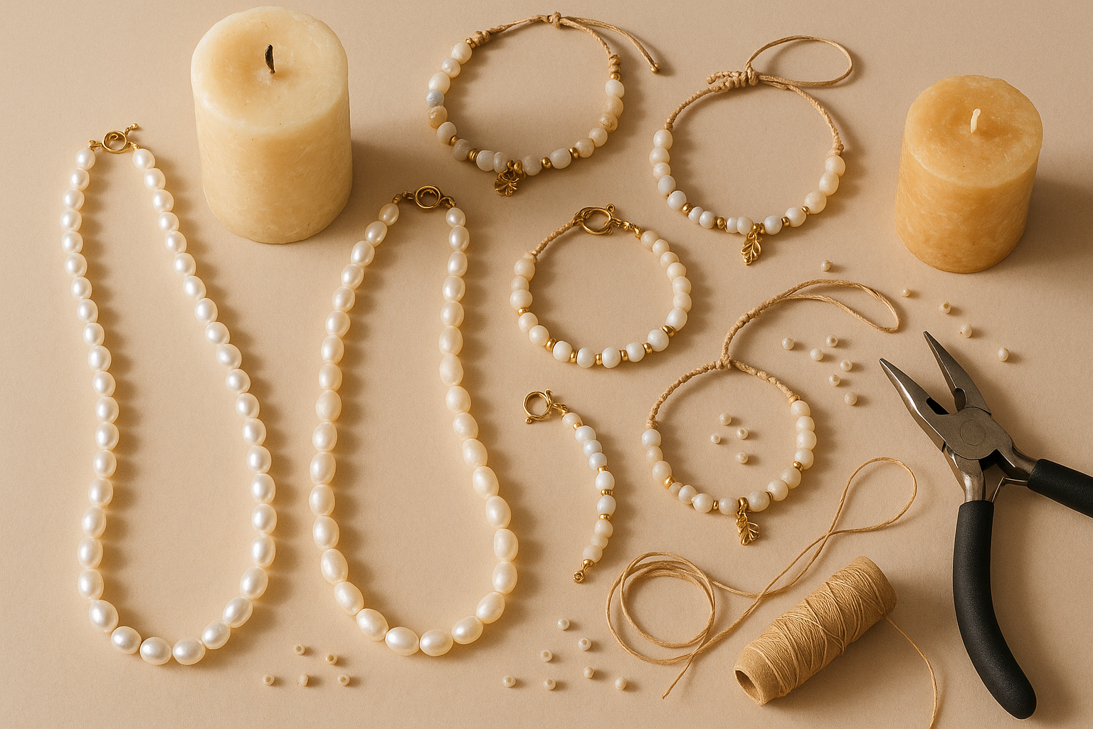 perlenketten, kerzen armbänder alles selber gemacht 